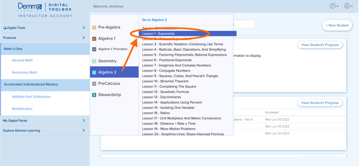 Screenshot of Digital Toolbox navigation showing path to lessons