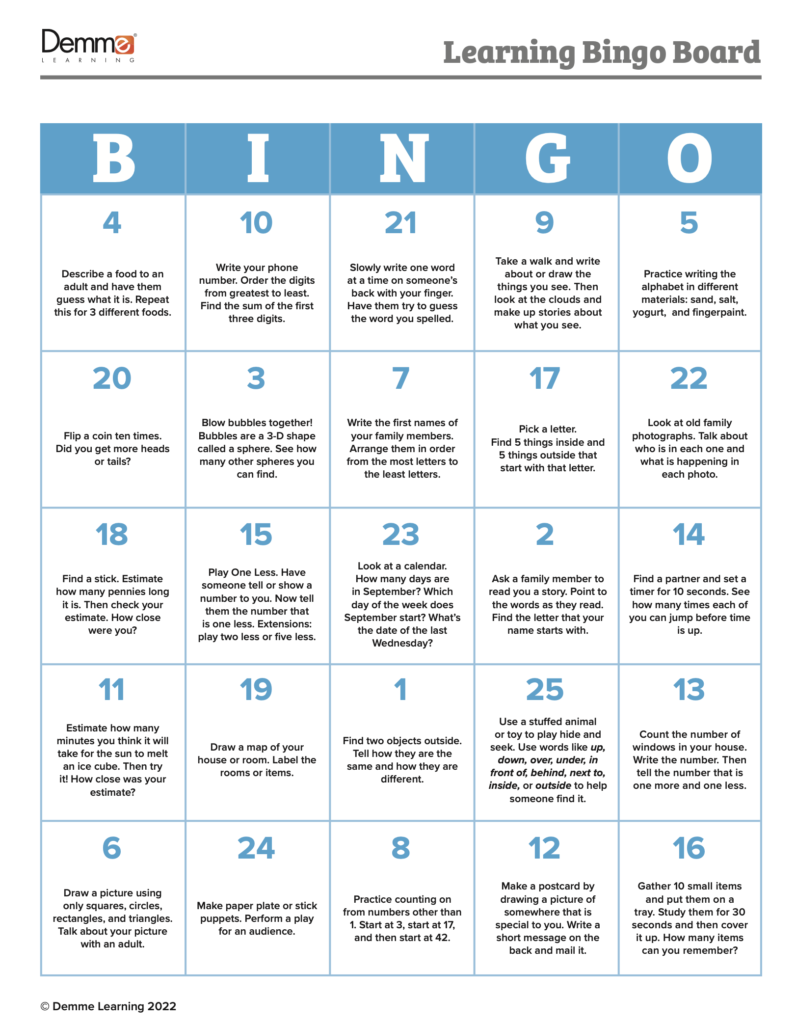 A prefilled back-to-school bingo board full of learning activities for preschool and elementary school-aged children!