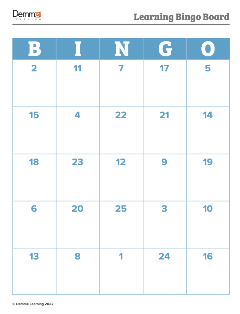 A blank bingo board with 25 simple learning activities to promote whatever skills you’re teaching or reviewing. 