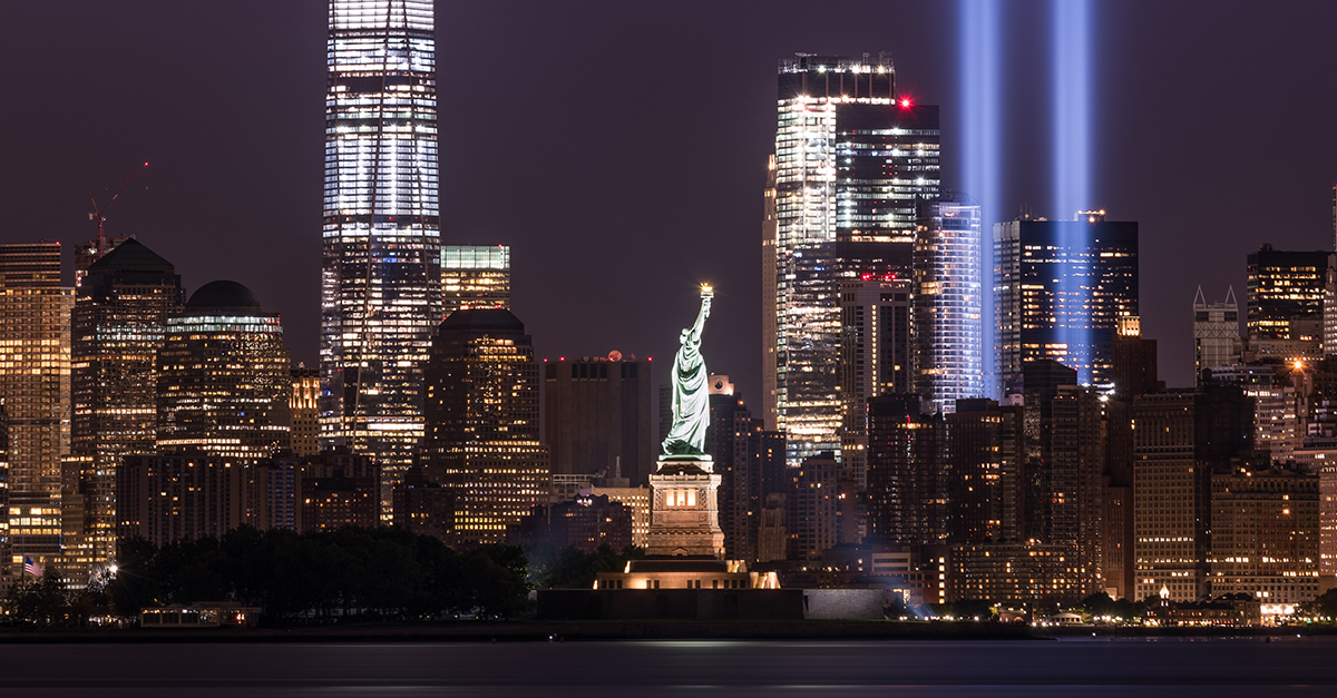 The Tribute in Light art installation is visible in New York City to honor the 9/11 events.