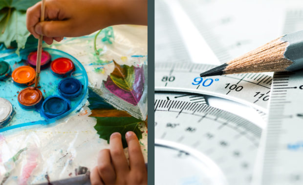 A child doing art (left) and math tools (right).