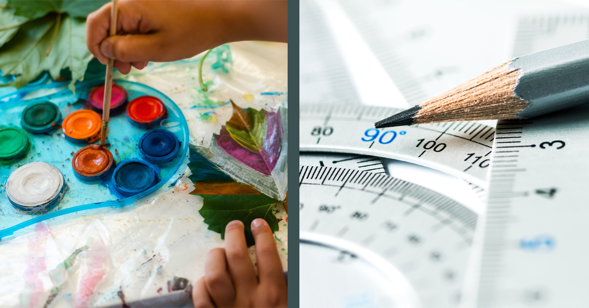 A child painting with watercolors on a leaf (left) and silver math tools (right).