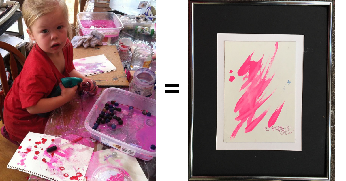 A young girl painting with pink paint and glitter (left), and the framed pink painting (right).