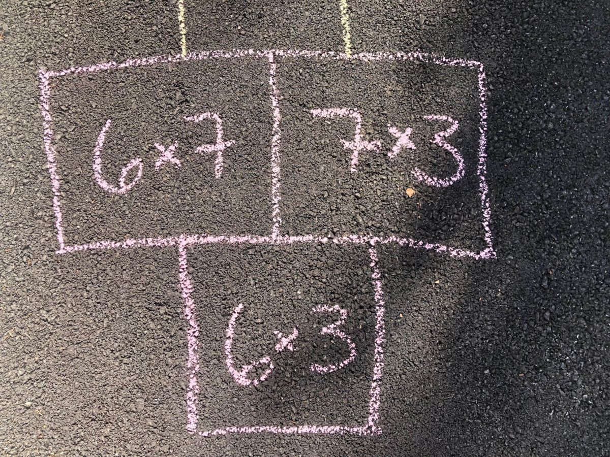 Three hopscotch squares with multiplication facts inside. 