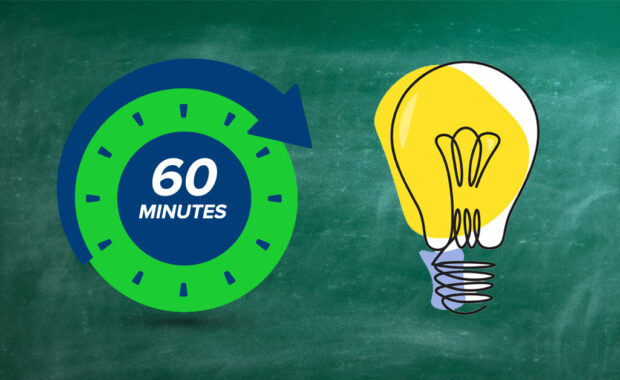 An illustration of a 60 minute timer and a light bulb.