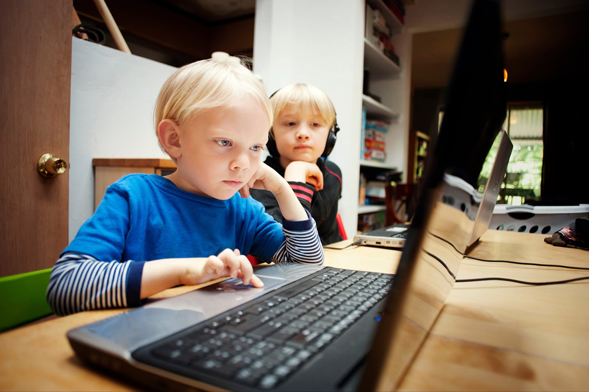 Two brothers working on laptops at a table.