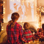 A family watches a holiday movie together.