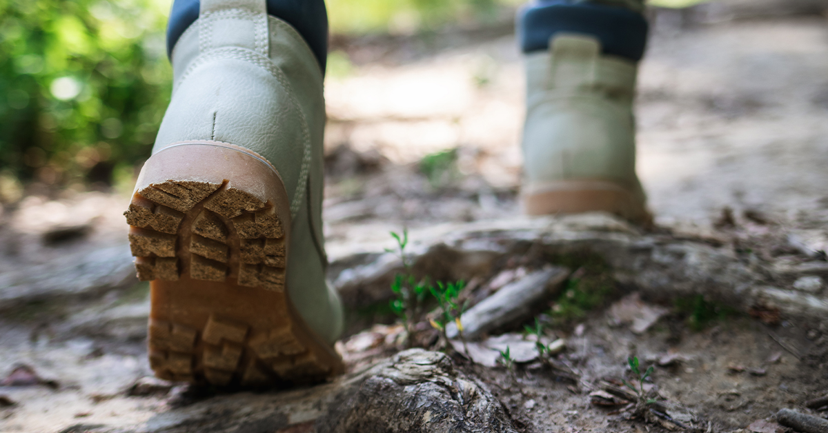Muddy boots on a nature trail.