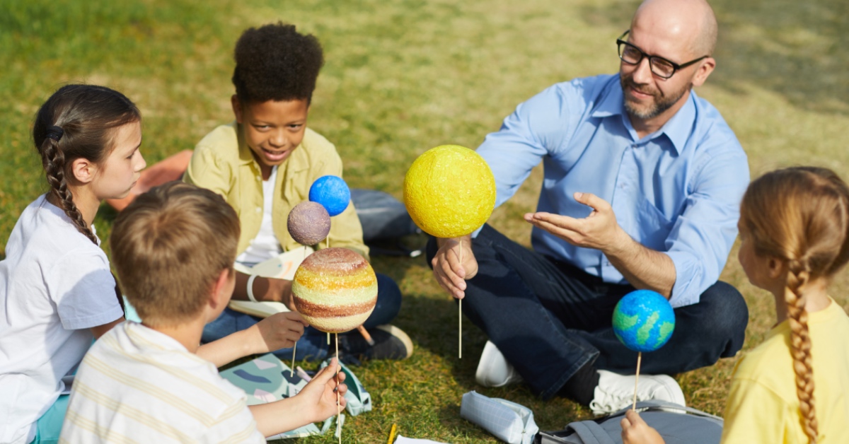 A homeschool group learning outside