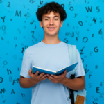 A student holding a book