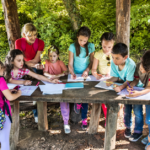 A group of students learning outside