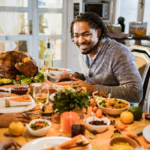A family eating a Thanksgiving dinner together