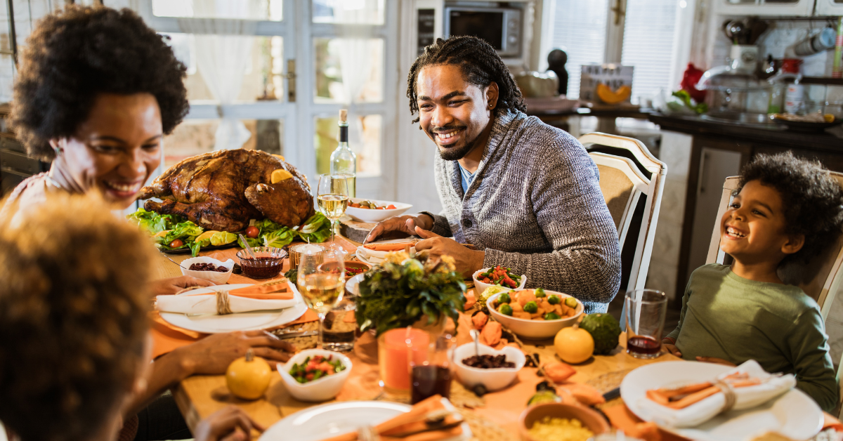 A family eating a Thanksgiving dinner together